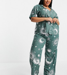 Шалфейно-зеленая пижама из 100% модала с рубашкой и брюками с астрологическим принтом ASOS DESIGN Curve-Зеленый цвет
