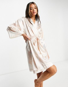 Шелковистый халат персикового цвета с мраморным принтом Bolongaro Trevor-Розовый цвет