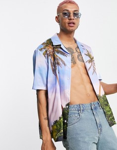 Голубая рубашка с принтом пейзажа Bershka-Голубой