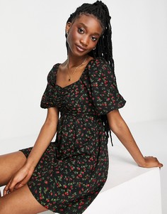 Платье с присборенным лифом, свободной юбкой и принтом бутонов роз Miss Selfridge-Черный цвет