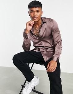 Серо-коричневая атласная рубашка ASOS DESIGN-Коричневый цвет