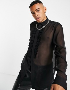 Черная прозрачная рубашка с оборкой спереди ASOS DESIGN-Черный цвет