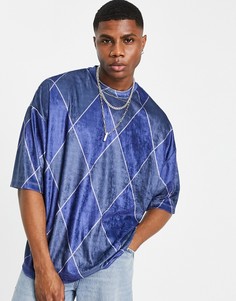 Велюровая футболка в стиле oversized в клетку ASOS DESIGN-Голубой