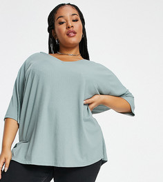 Шалфейно-зеленый oversized-топ в рубчик с V-образным вырезом ASOS DESIGN Curve-Зеленый цвет