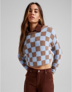 Джемпер в шахматную клетку голубого и коричневого цветов Bershka-Разноцветный