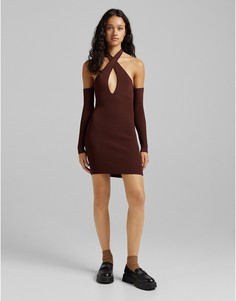 Коричневое платье мини с вырезом и бретелью через шею Bershka-Коричневый цвет