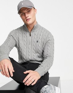 Серый меланжевый хлопковый вязаный косами джемпер с короткой молнией и маленьким логотипом Polo Ralph Lauren
