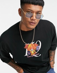 Черная oversized-футболка из органического хлопка с мультяшным принтом щенка ASOS DESIGN-Черный цвет