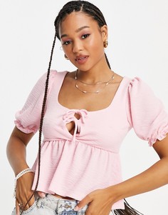 Фактурный топ с короткими рукавами и завязкой спереди Miss Selfridge-Розовый цвет