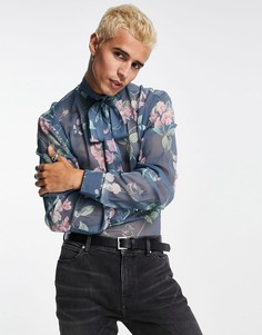Голубая прозрачная рубашка с цветочным принтом и бантом на горловине ASOS DESIGN-Голубой