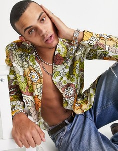 Атласная рубашка с принтом в стиле 70-х со свободным отложным воротником ASOS DESIGN-Коричневый цвет