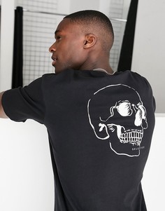 Черная oversized-футболка из органического хлопка с принтом черепа на спине Selected Homme-Черный цвет