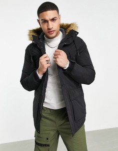Черная парка с подкладкой из искусственного меха на капюшоне Jack & Jones Originals-Черный цвет