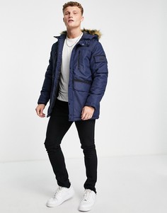 Темно-синяя парка с капюшоном с отделкой искусственным мехом Jack & Jones Essentials-Темно-синий