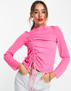 Ярко-розовый топ из жатой ткани с высоким воротом и сборками сбоку ASOS DESIGN-Розовый цвет