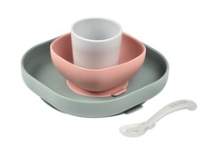 Набор детской посуды BEABA 2 тарелки, стакан, ложка SILICONE MEAL SET (4PCS) EUCALYPTUS
