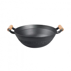 Чугунная сковорода-вок Xiaomi Sanxia Cast Iron Binaural Wood Handle Wok 34cm Black