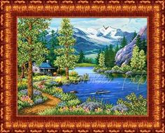 Канва с рисунком для бисера Домик у озера А3 Каролинка