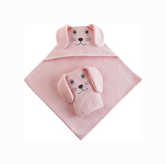Набор для купания Наша Мама Зайка, розовая махра полотенце-уголок и рукавичка 80*80 см