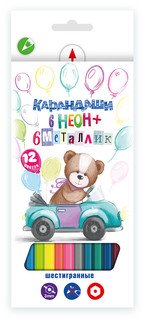 Набор цветных карандашей "Мишка", 12 цветов, 6 неоновых + 6 металлик Воскресенская карандашная фабрика