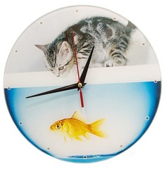 Часы настенные "Котенок с рыбкой", стеклянные Эврика