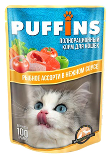 Влажный корм для кошек Puffins, с рыбным ассорти в нежном соусе, 24шт по 100г