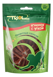 Лакомство для собак Triol, пикантные сосиски из ягненка с уткой, 70г