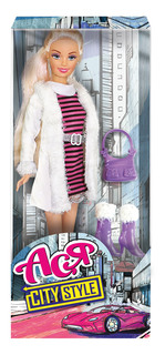 Кукла Ася Блондинка в полосатом платье и белой шубке Городской стиль Toys Lab
