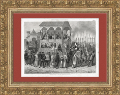 Испанская инквизиция, церемония аутодафе. Антикварная гравюра Rarita