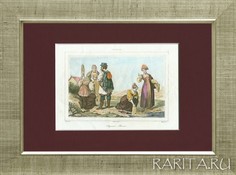 Русские крестьяне, мужской и женский костюм. Антикварная гравюра 19 века Rarita