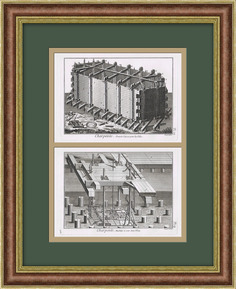 Деревянные конструкции и распил свай. Cтаринные гравюры в раме Rarita