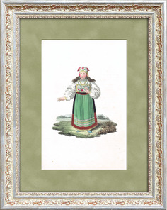 Эстонский национальный женский костюм, гравюра с ручной раскраской, 1811-16 гг. Rarita