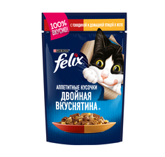 Влажный корм для кошек Felix Двойная вкуснятина, говядина, домашняя птица, 85г