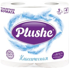 Туалетная бумага Plushe Deluxe Light "Классическая" 4 рул. по 15м, 3 слоя, белый, 12 в уп