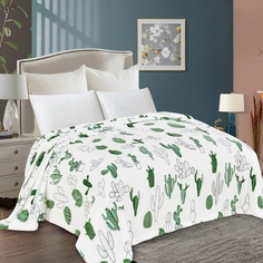 Плед Зеленые кактусы 180х200 см, велсофт белый Soft Dream