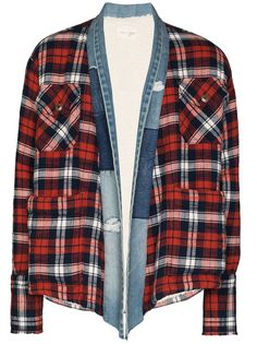 Greg Lauren клетчатая рубашка со вставками из денима