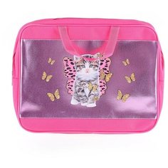 Папка-сумка с ручкой "Котенок - бабочка" формат А4, увеличенная боковина 75мм, текстильная, вставка - голографический кожзам с полноцветной печатью, полиэстер Centrum