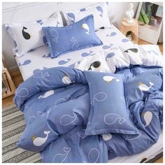 Комплект постельного белья Grazia Textile Whale, Евро, смесовая ткань, 2 наволочки 50х70, голубой, белый, полоски, животные