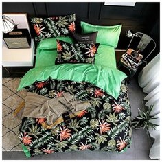 Комплект постельного белья Grazia Textile Tropicana, 1,5 спальный, смесовая ткань, 2 наволочки 50х70, белый, зеленый, листья, однотонный