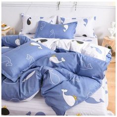 Комплект постельного белья Grazia Textile Whale, 2- х спальный, смесовая ткань, 2 наволочки 50х70, голубой, белый, полоски, животные