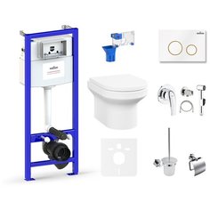 Комплект 10 в 1 Lavinia Boho Grance Hill Rimless 75110792, безободковый унитаз, сиденье микролифт, инсталляция, крепление, клавиша смыва, шумоизоляция, диспенсер, ершик, смеситель с гигиеническим душем, держатель туалетной бумаги