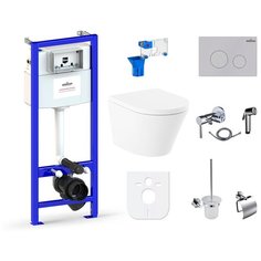 Комплект 10 в 1 Lavinia Boho Biore Compacto Rimless 98010055, безободковый унитаз, сиденье микролифт, инсталляция, крепление, клавиша смыва, шумоизоляция, диспенсер, смеситель с гигиеническим душем, ершик, держатель туалетной бумаги