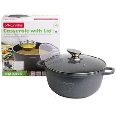 Кастрюля 24*11,5cm из литого алюминия с антипригарным покрытием "гранит" и стеклянной крышкой Kamille