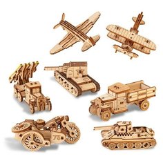 Деревянный конструктор набор 7 в 1 с дополненной реальностью, сборная модель, пазл для детей, 3D пазл, деревянный пазл 3Д, развивающая игрушка, деревянная игрушка, игрушка для мальчиков, подарок на новый год, машинки, модельки, Военная Техника Победы Uniwood