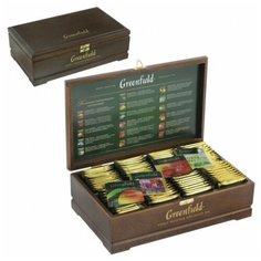 Чай GREENFIELD (Гринфилд), набор 96 пакетиков (8 вкусов по 12 пакетиков) в деревянной шкатулке, 177,6 г, 0463-10
