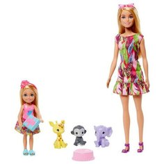 Игровой набор Mattel Barbie кукла Барби и Челси с питомцами жираф, слон и обезьянка
