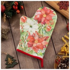 Этель Варежка- прихватка "Christmas red flowers" 20х28см, саржа, 100% х/л, ватин 250г/м2