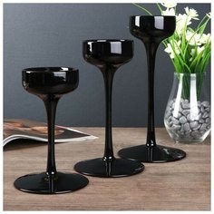 Подсвечник стекло "Бокал- креманка" чёрный набор 3 шт h- 17, 21, 24,5х12х12 см 4543422 Сима ленд