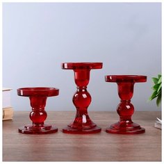 Подсвечник стекло "Креманка" красный набор 3 шт h- 8,5, 11,4, 14х8,5х8,5 см 4543425 Сима ленд