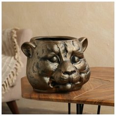 Керамика ручной работы Фигурное кашпо "Голова тигра", символ года 2022, бронза тёмная, керамика, 8.5 л